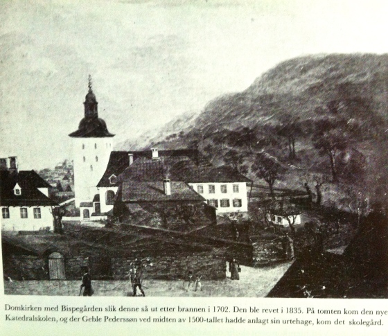 Domkirken med bispegården og  bispehagen, hvor det i Lucies tid vokste både vindruer, fikentrær og laurbærbusker. (Bildet er fra Bergen bys historie II)